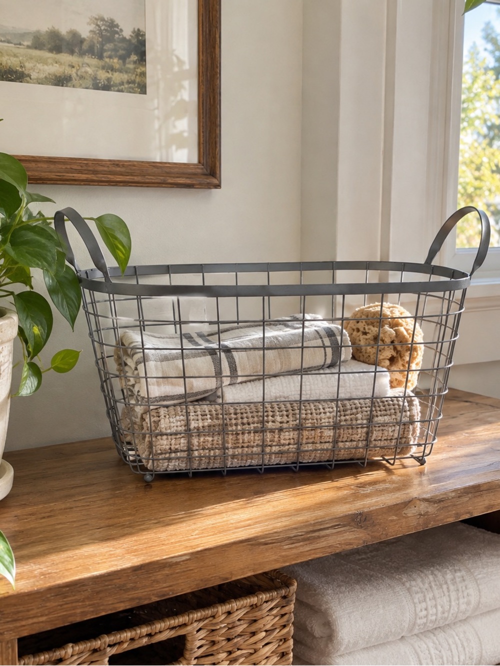 Metal Wire Storage Basket Farmhouse Kitchen Pantry Rustic Organizer Bin Vintage